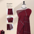 Khadi cotton saree with silver woven stripes maroon color and printed blouse front draped product view.