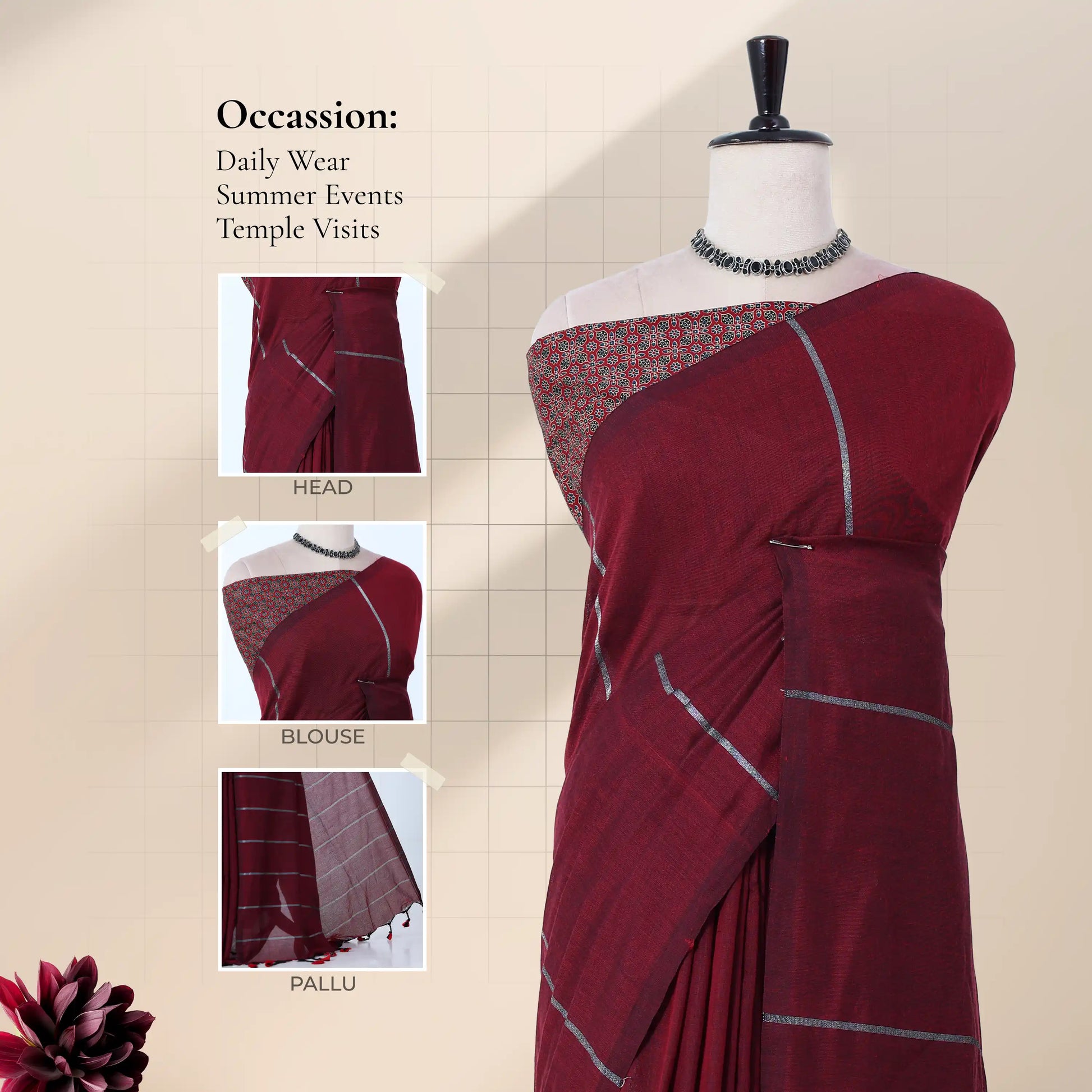Khadi cotton saree with silver woven stripes maroon color and printed blouse front draped product view.
