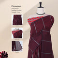 Khadi cotton saree with silver woven stripes maroon color and printed blouse front draped product view.