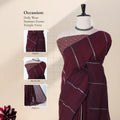 Khadi cotton saree with silver woven stripes maroon color and printed blouse front draped product view.
