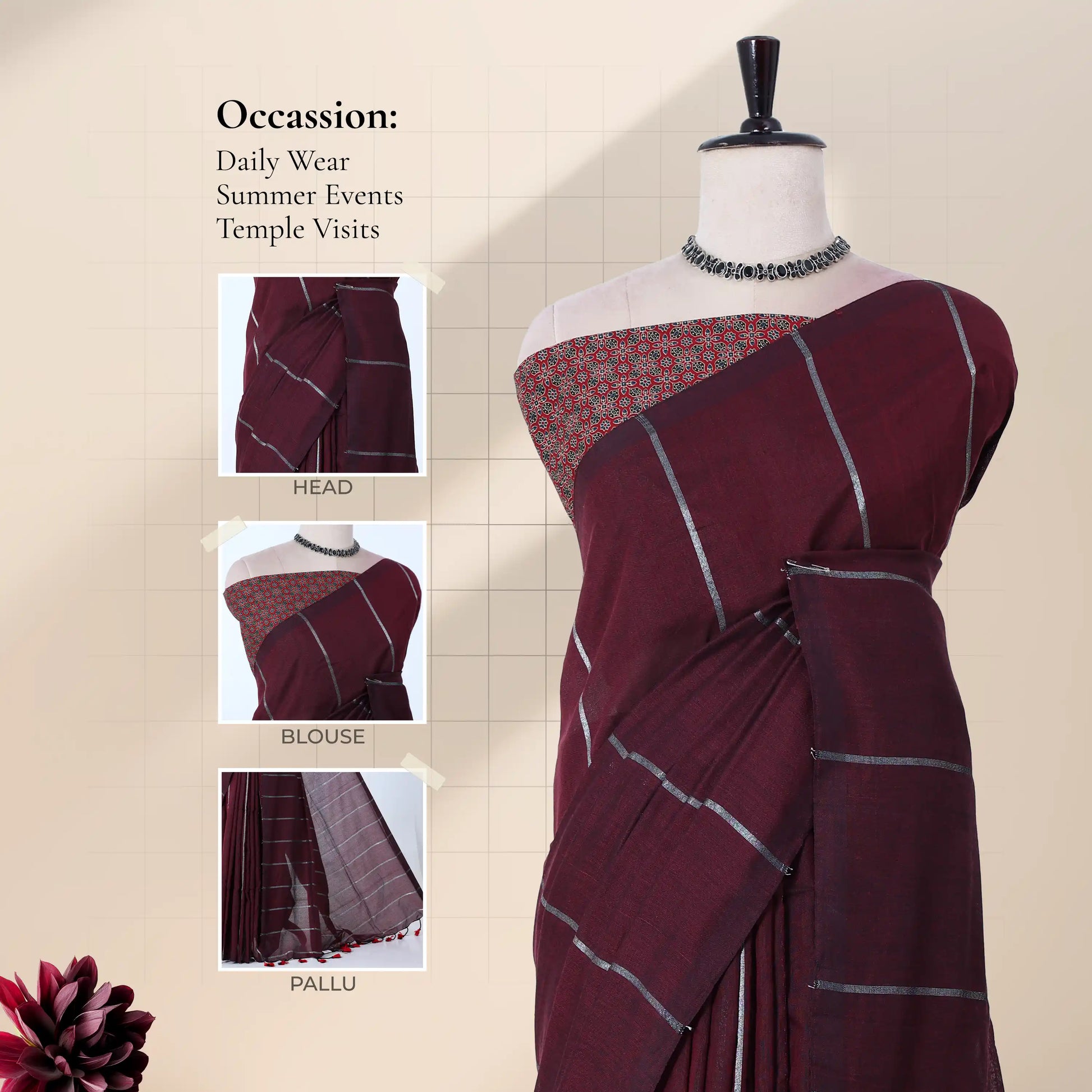 Khadi cotton saree with silver woven stripes maroon color and printed blouse front draped product view.
