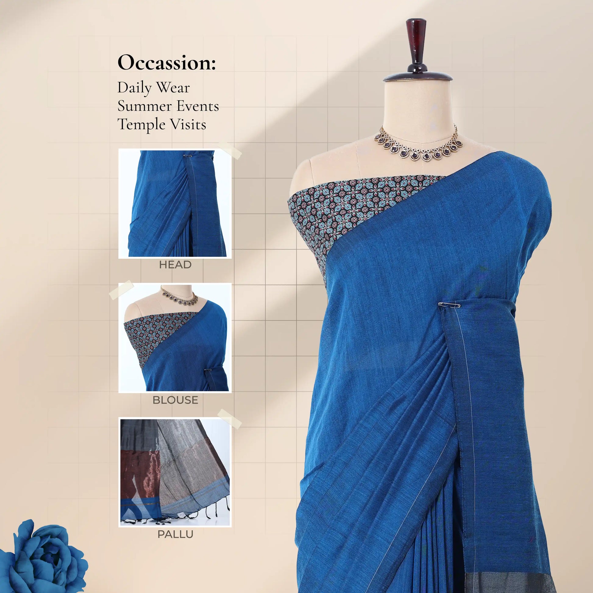 Khadi cotton saree with printed blouse contrast woven pallu and tassels in blue front draped product view.
