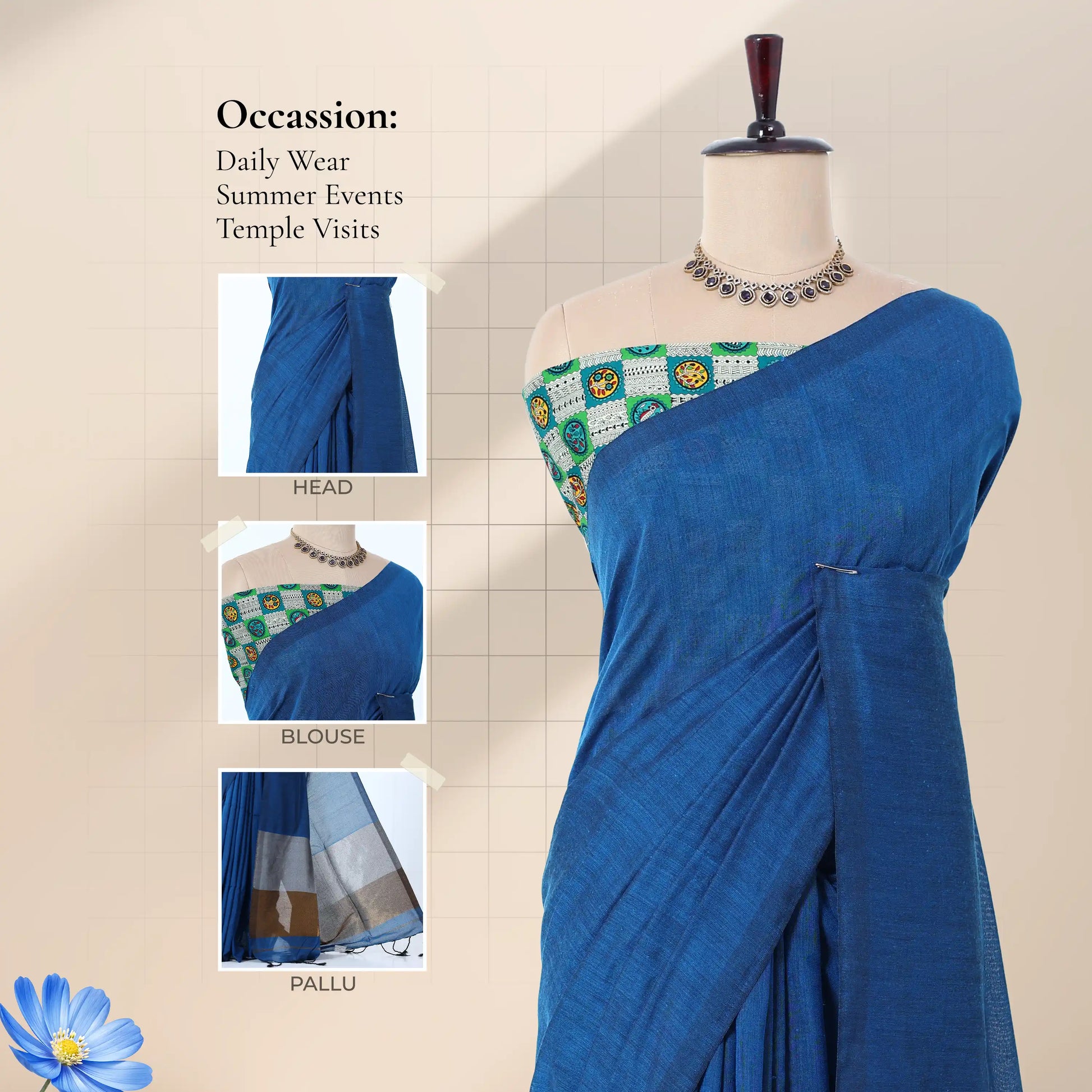Khadi cotton saree with printed blouse contrast woven pallu and tassels in blue front draped product view.