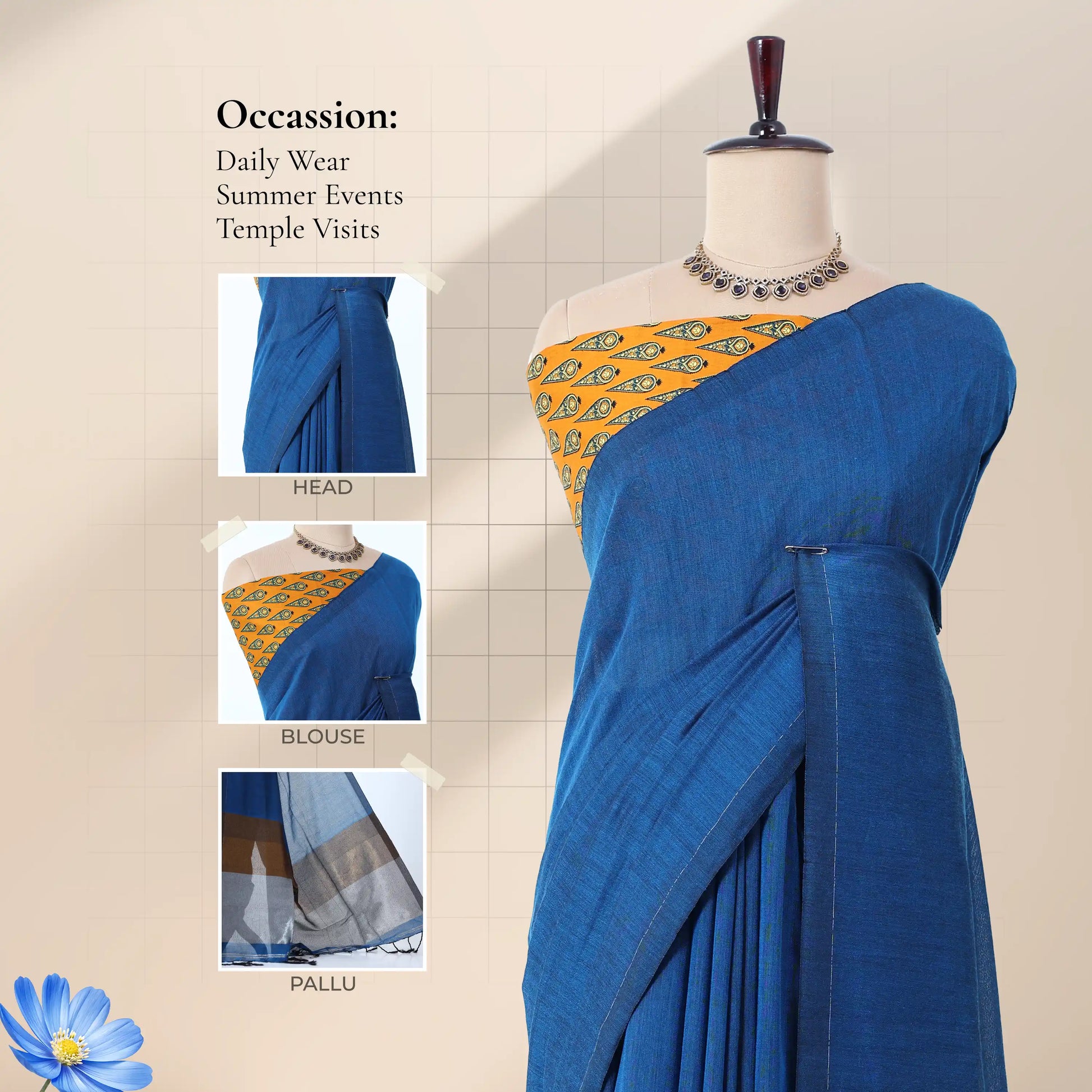 Khadi cotton saree with printed blouse contrast woven pallu and tassels in blue front draped product view.