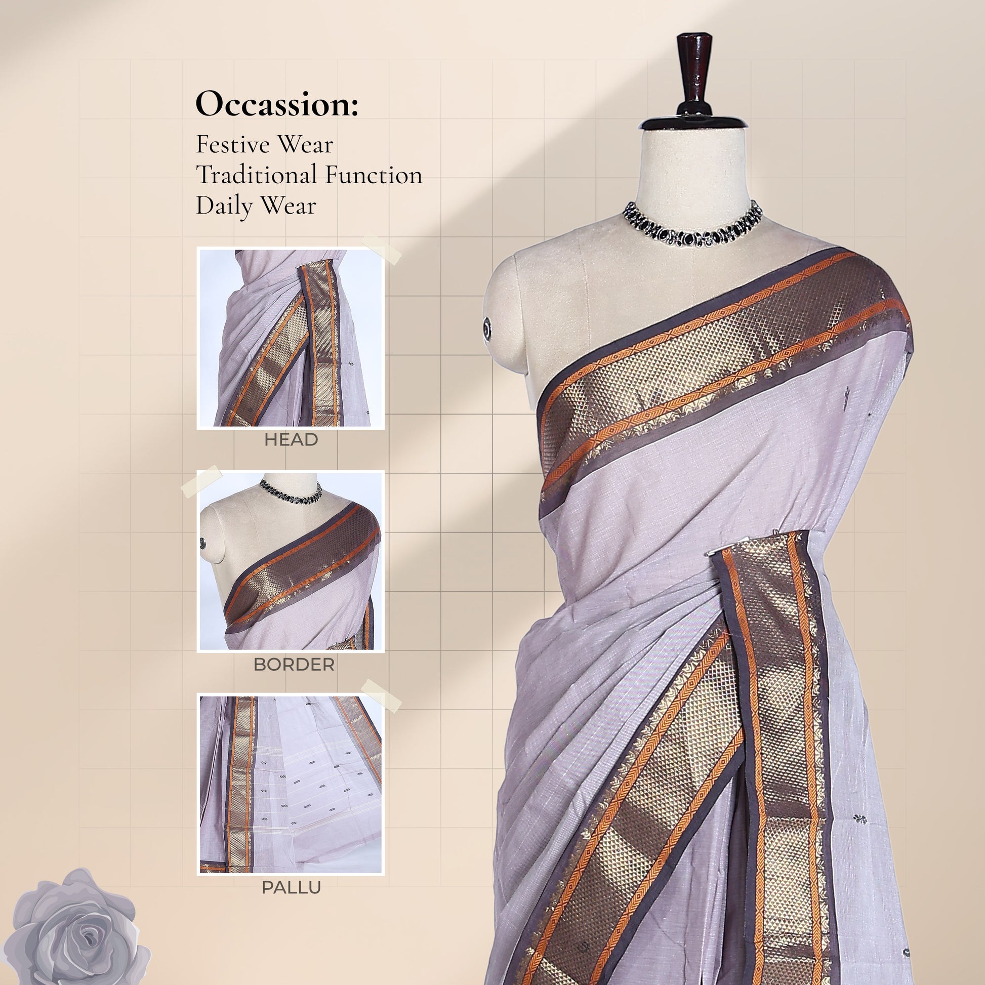 Kanchi Cotton Saree With Woven Zari Border In Lavender Shade Mannequin Front View
