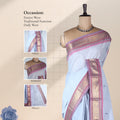 Traditional Light Blue Kanchi Cotton Saree Accented With Pink And Gold Zari Border Full Length Front View
