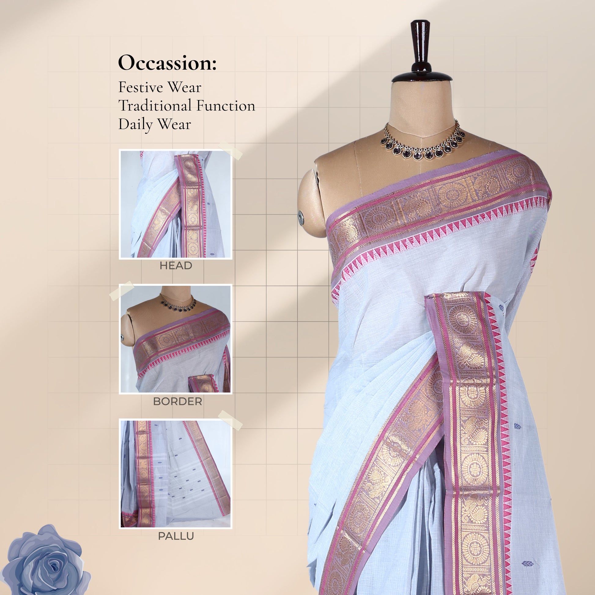 Traditional Light Blue Kanchi Cotton Saree Accented With Pink And Gold Zari Border Full Length Front View
