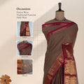 Kanchi Cotton Saree With Gold Zari Border And Maroon Edging In Brown Draped On Mannequin Front View
