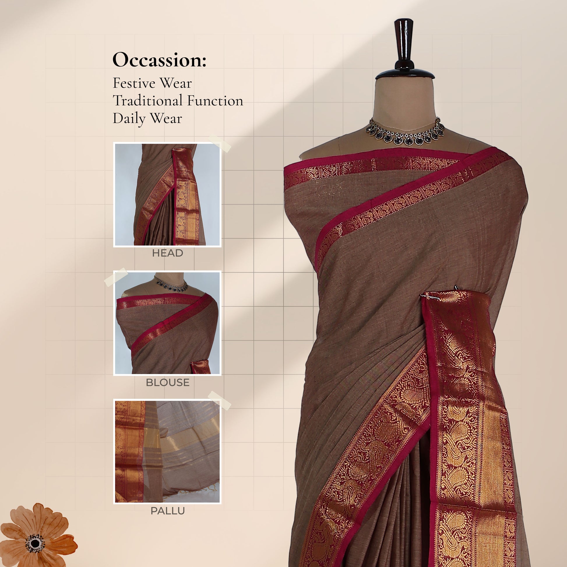 Kanchi Cotton Saree With Gold Zari Border And Maroon Edging In Brown Draped On Mannequin Front View

