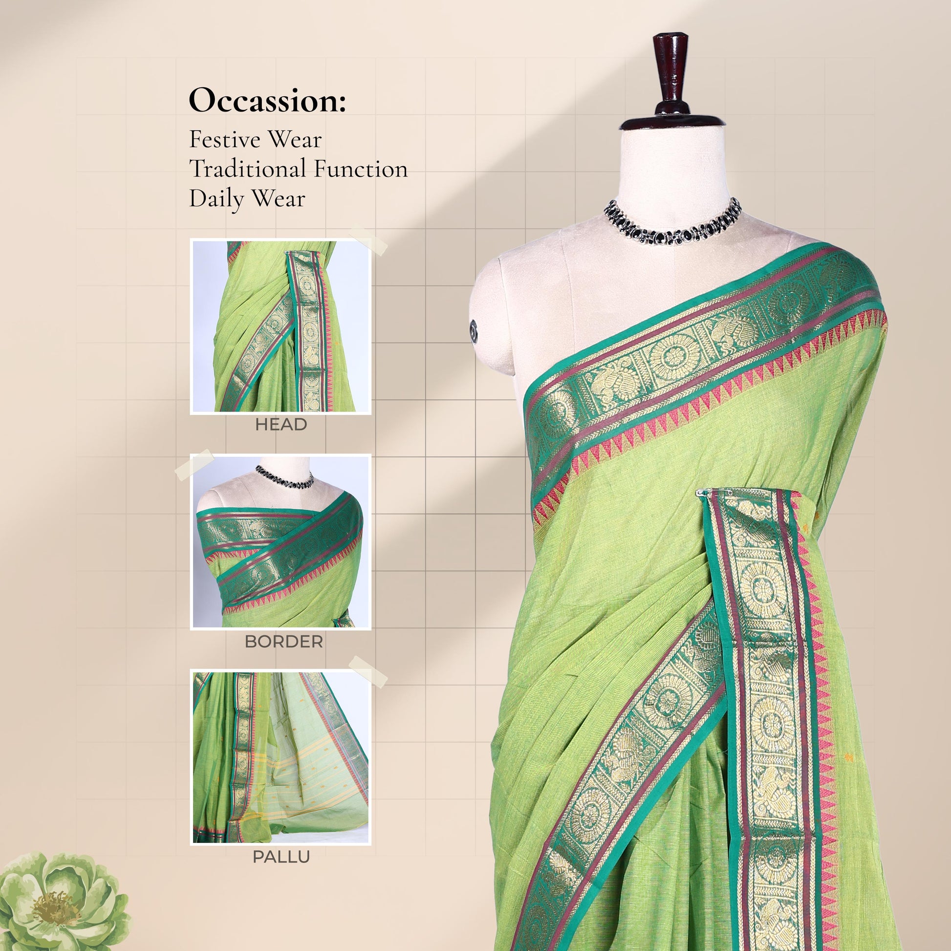 Kanchi Cotton Saree With Zari Woven Border In Light Green Elegant Traditional Drape Front View On Mannequin
