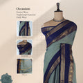 Kanchi Cotton Saree With Light Green Body And Navy Blue Zari Border Draped On Mannequin Front View
