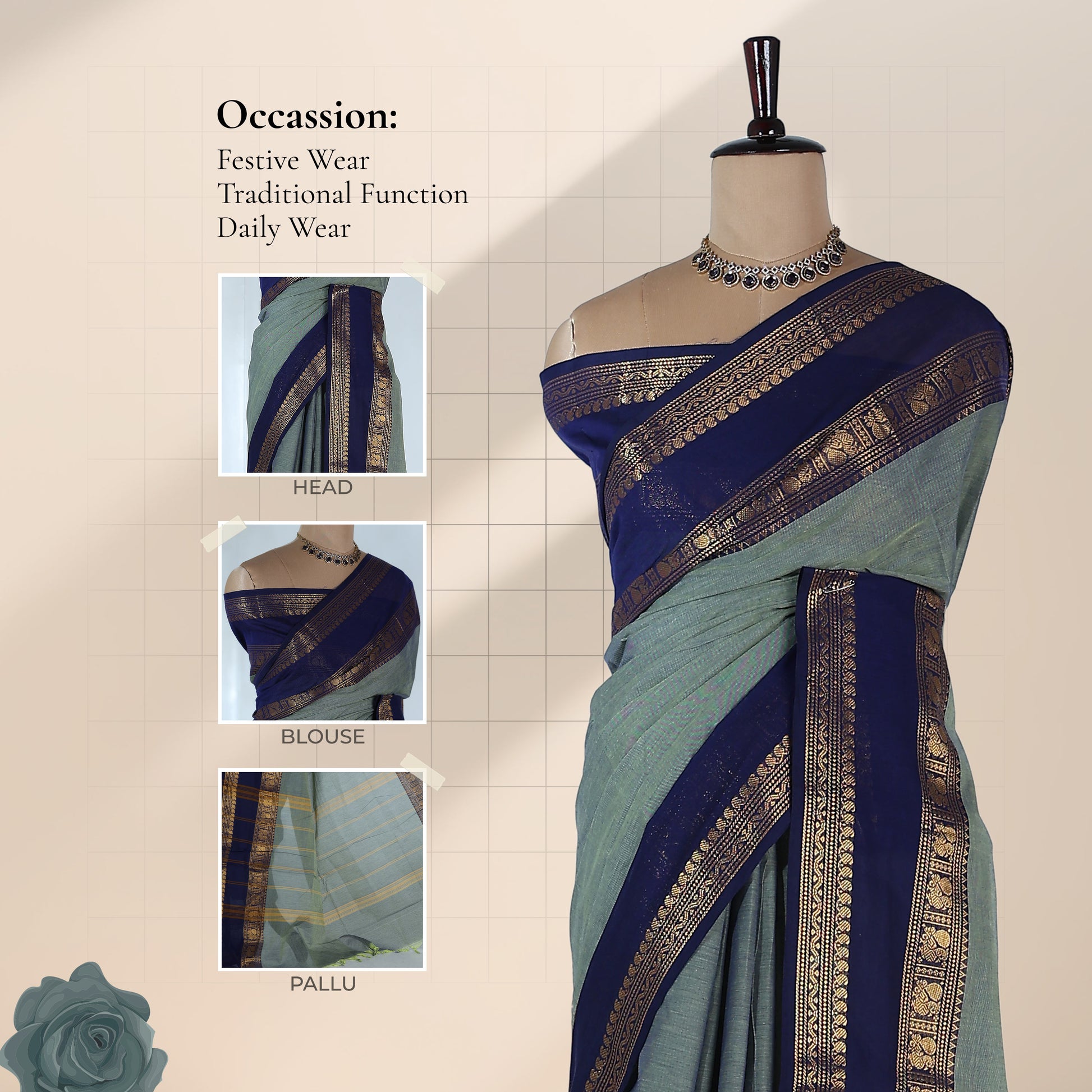 Kanchi Cotton Saree With Light Green Body And Navy Blue Zari Border Draped On Mannequin Front View
