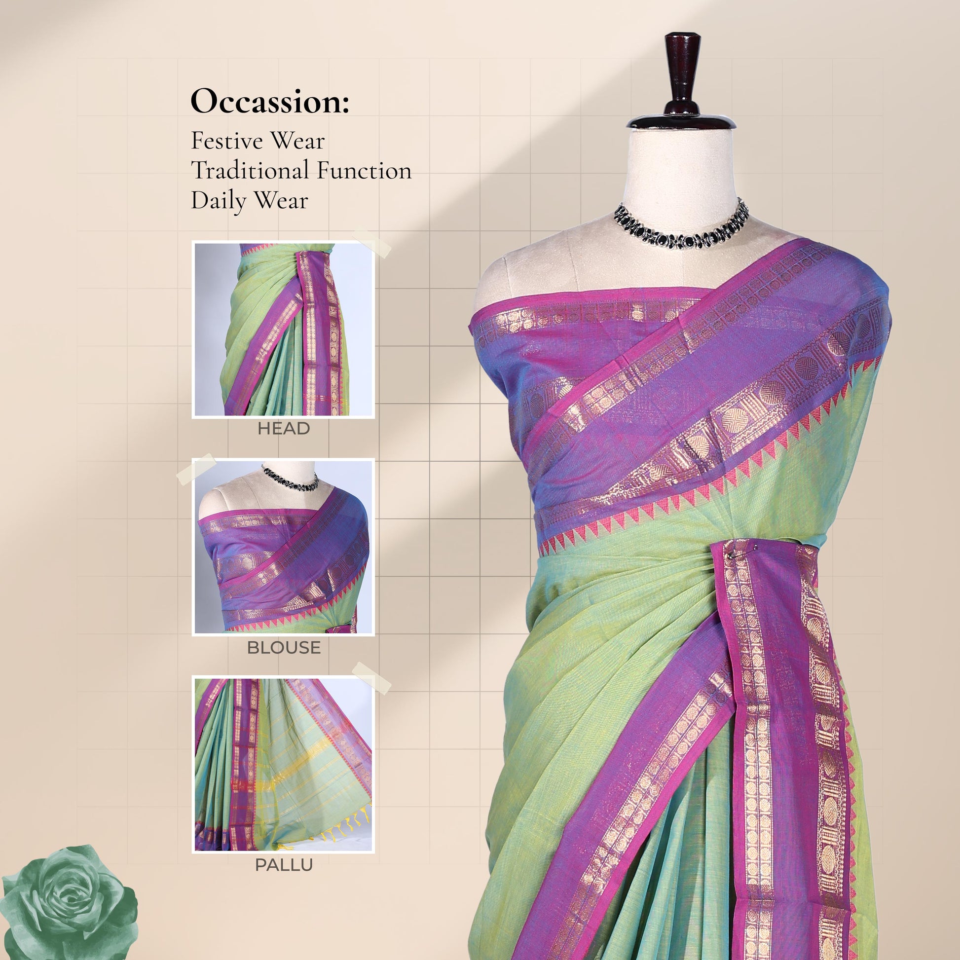 Kanchi Cotton Saree With Zari Woven Purple Border And Pastel Green Body Front View On Mannequin
