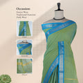 Kanchi Cotton Saree With Blue Zari Border And Gold Striped Pallu In Light Green Front View On Mannequin
