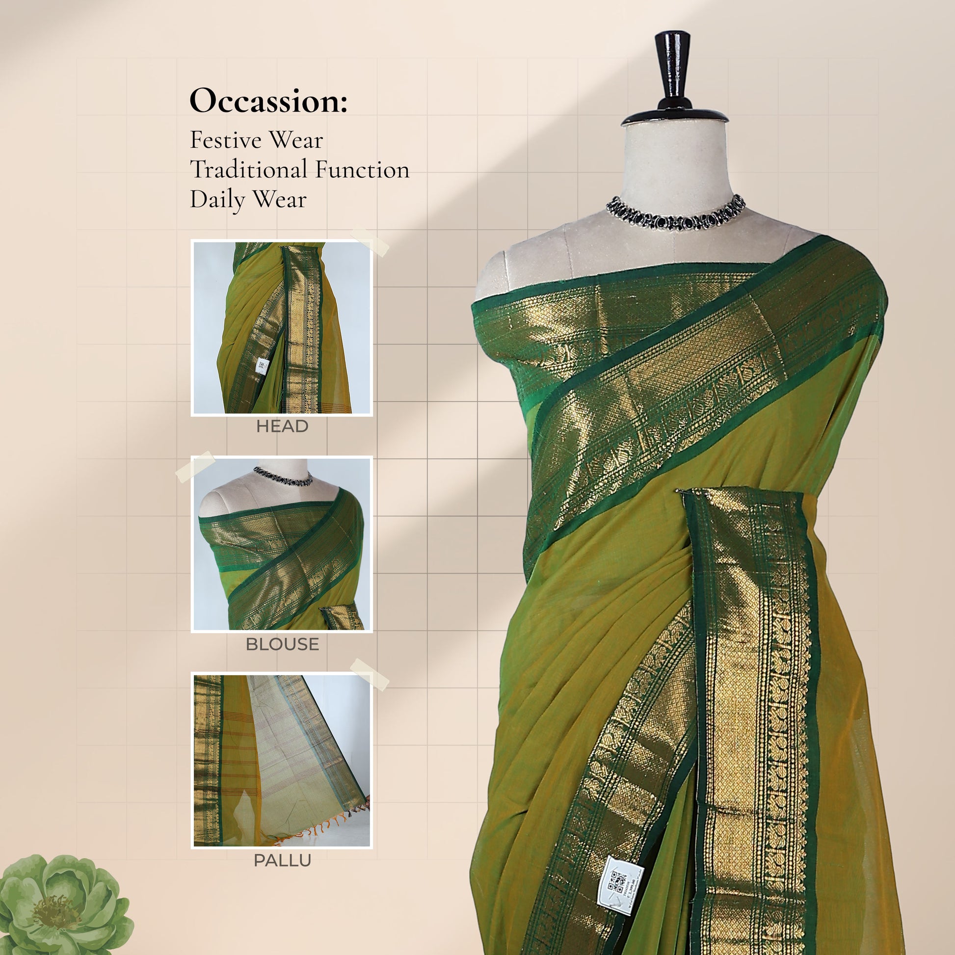 Kanchi Cotton Saree With Intricate Blue And Gold Woven Border In Light Green Draped On Mannequin Front View
