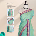 Kanchi Cotton Saree With Light Green Body And Purple Zari Motif Border Front Draped View On Mannequin 
