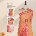 Kanchi Cotton Saree With Peacock Motif Pink Zari Border In Light Orange Elegantly Draped On Mannequin Front View
