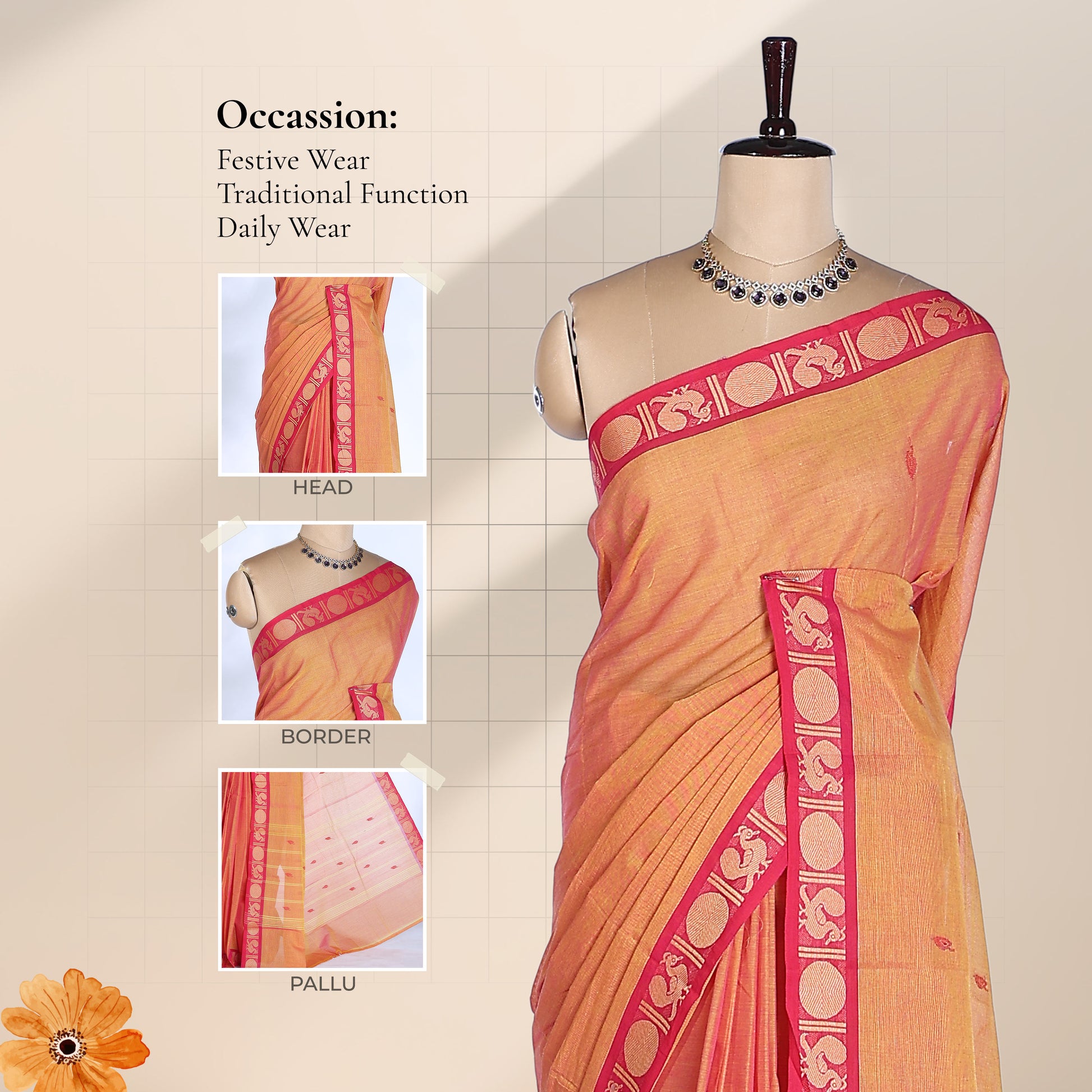 Kanchi Cotton Saree With Peacock Motif Pink Zari Border In Light Orange Elegantly Draped On Mannequin Front View
