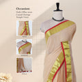 Mul Mul cotton saree with sandal body gold zari border and white drape front mannequin view with styling details