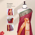 Kanchi Cotton Saree With Deep Maroon Body Gold Zari Border And Green Edging Front View On Mannequin
