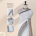 Mul mul cotton saree with cream body grey border and multicolor striped pallu front draped mannequin view