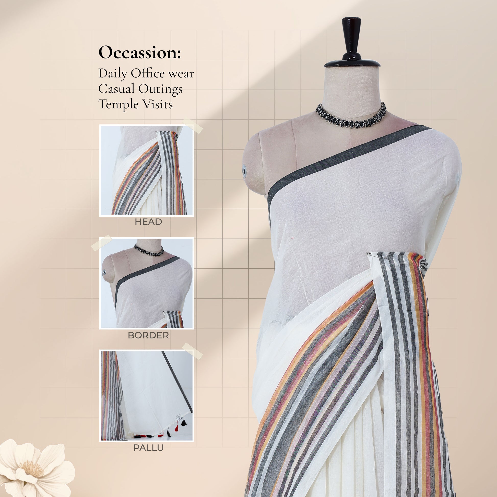 Mul mul cotton saree with cream body grey border and multicolor striped pallu front draped mannequin view