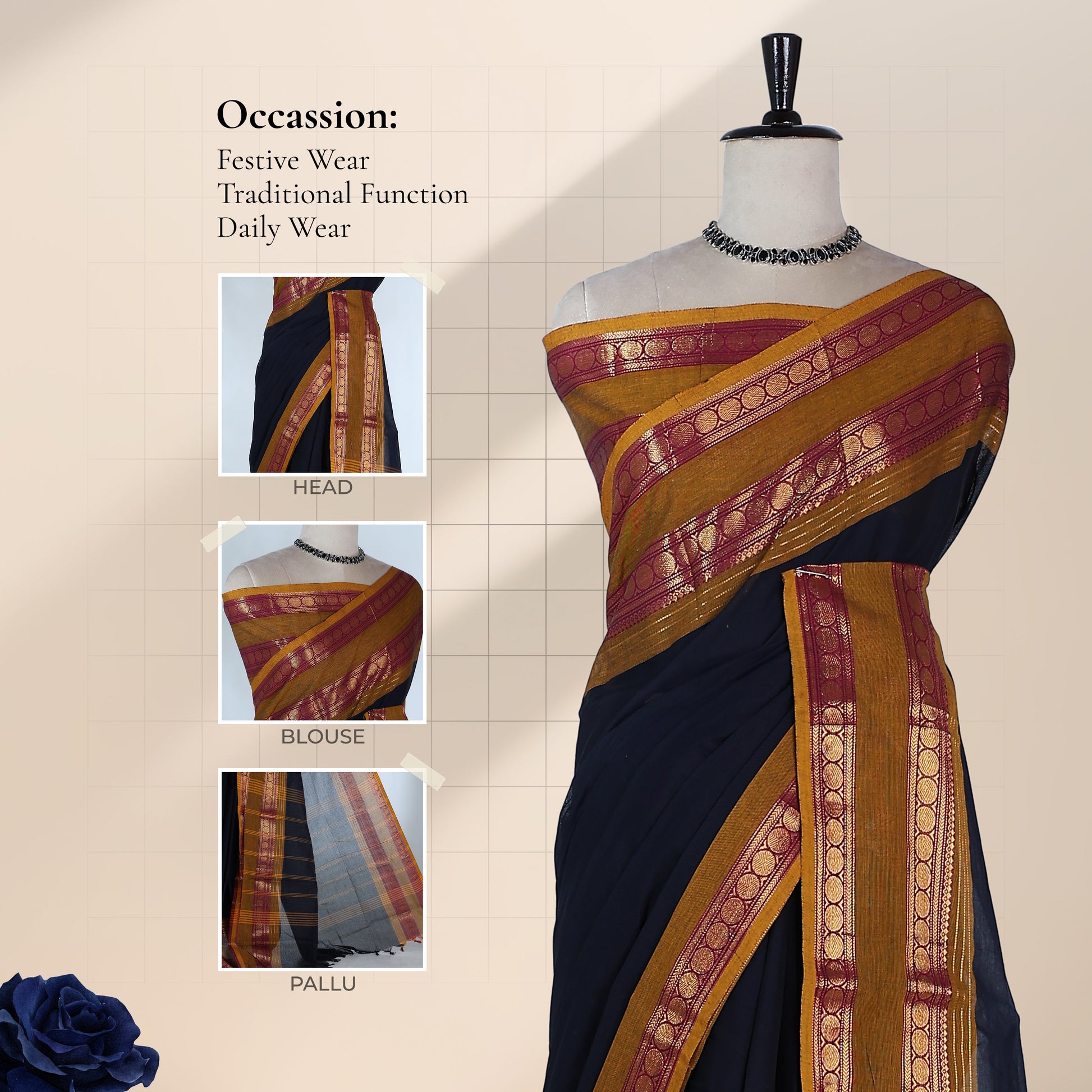 Kanchi Cotton Saree With Navy Blue Body And Maroon Gold Zari Border Front View On Mannequin Traditional Drape
