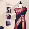 Kanchi Cotton Saree With Navy Blue Body Pink Accents And Ornate Gold Zari Border Front Draped View On Mannequin
