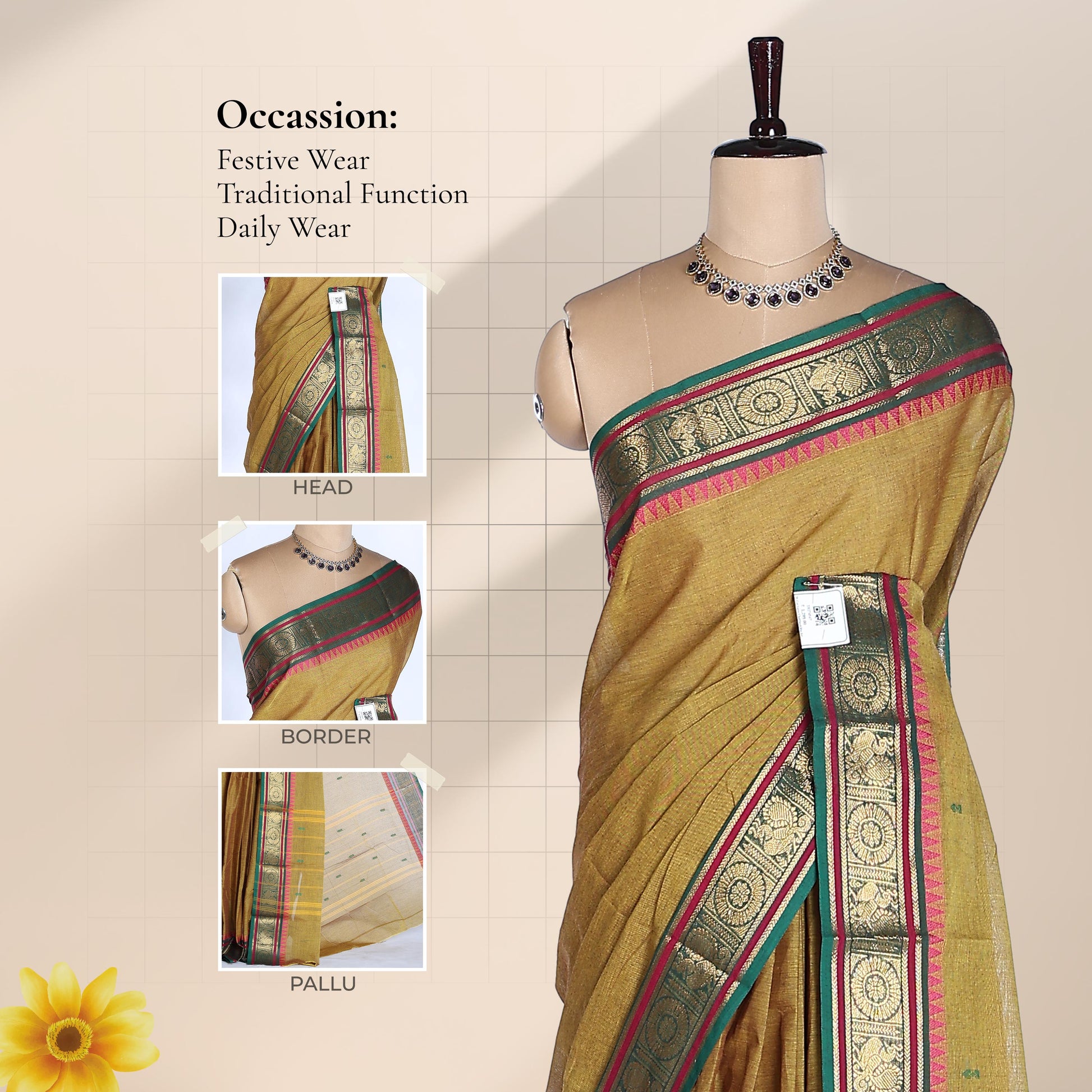Kanchi Cotton Saree With Green Toned Body Green And Pink Zari Border And Contrast Pallu Front Drape View