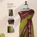 Kanchi Cotton Saree With Maroon And Gold Zari Border In Olive Green Color Front View On Mannequin
