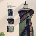 Kanchi Cotton Saree With Olive Green Body And Navy Blue Zari Border Elegantly Draped On Mannequin Front View
