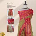 Kanchi Cotton Saree With Olive Green Body And Vibrant Pink Zari Border Front View On Mannequin
