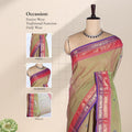 Kanchi Cotton Saree With Zari Woven Pink And Purple Border On Olive Green Body Front View Draped On Mannequin
