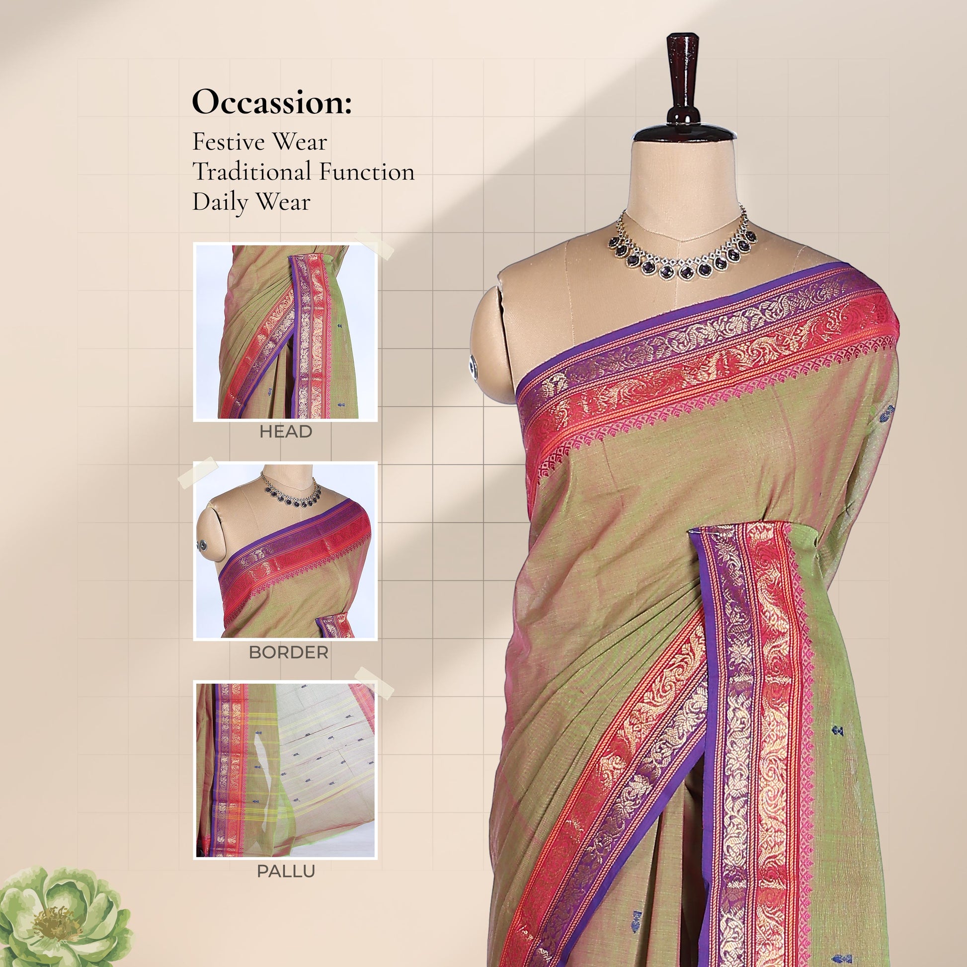 Kanchi Cotton Saree With Zari Woven Pink And Purple Border On Olive Green Body Front View Draped On Mannequin
