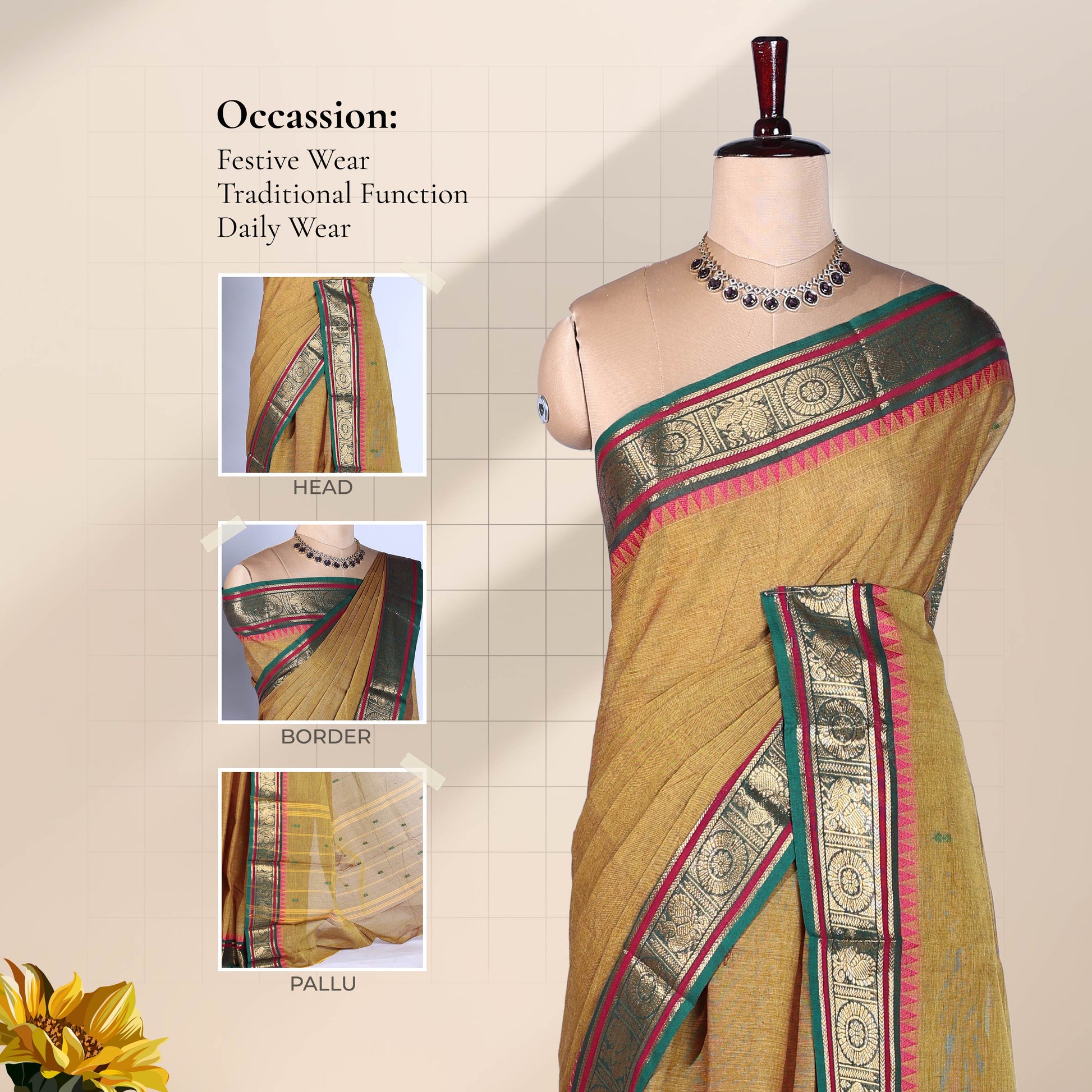 Olive Green Kanchi Cotton Saree A Green And Pink Zari Border Front View Displayed On A Mannequin
