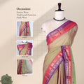 Kanchi Cotton Saree With Olive Green Body Pink Purple Zari Border And Striped Pallu Front Drape View On Mannequin
