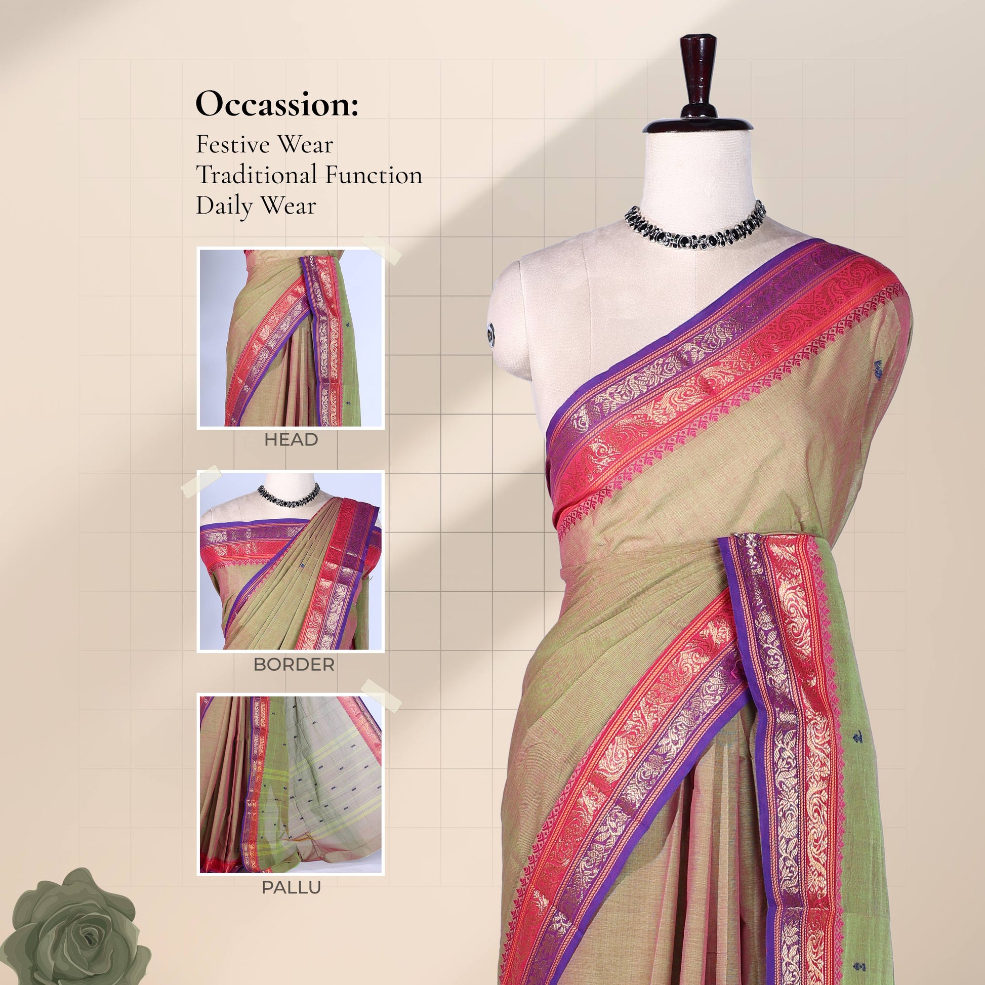 Kanchi Cotton Saree With Olive Green Body Pink Purple Zari Border And Striped Pallu Front Drape View On Mannequin
