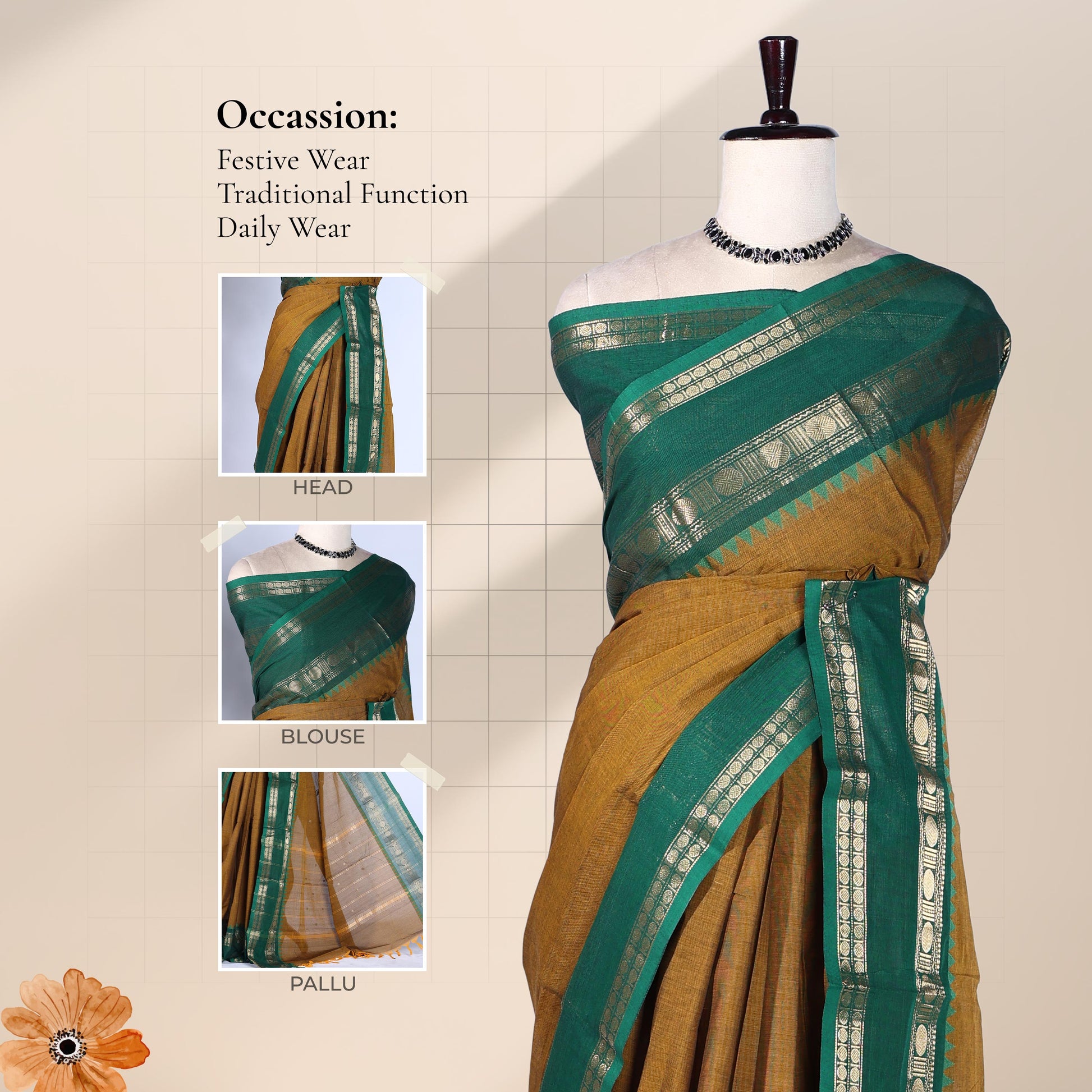 Kanchi Cotton Saree With Olive Green Body Dark Green Zari Border And Traditional Weave Front Mannequin View
