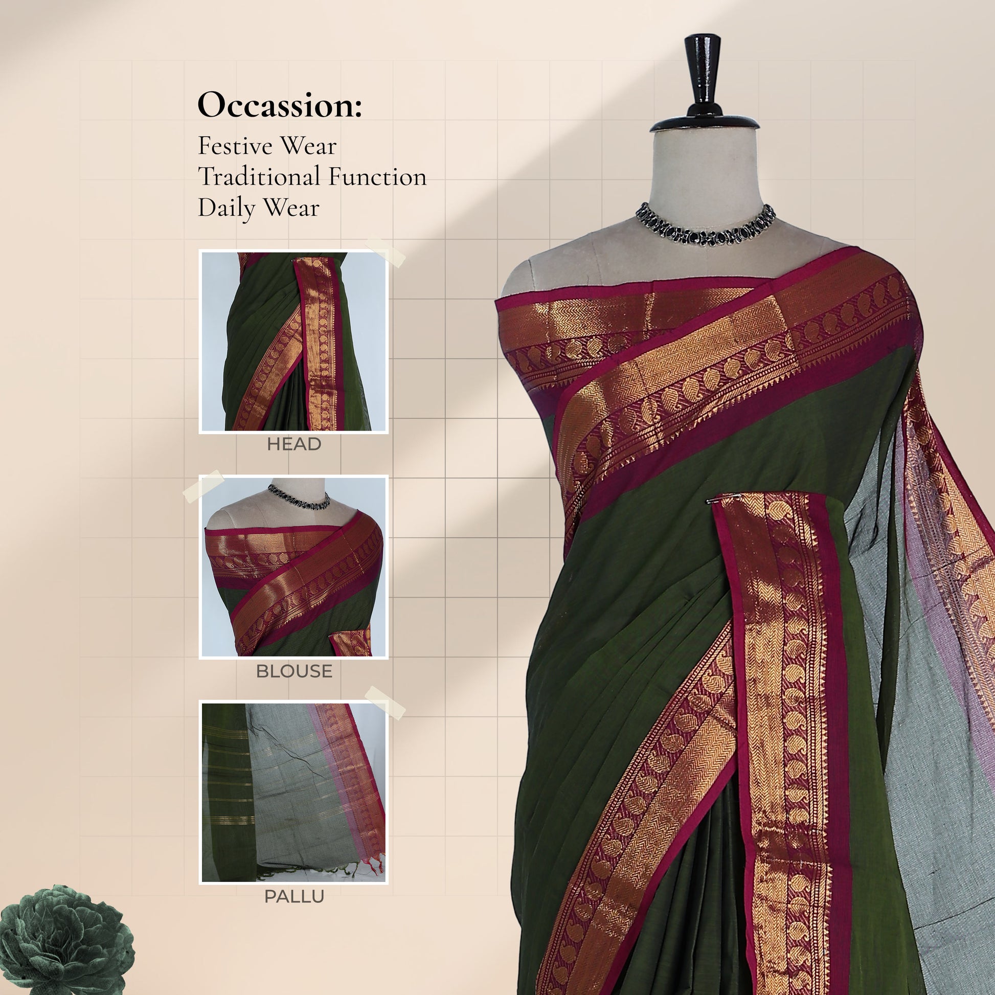 Kanchi Cotton Saree With Gold Zari Border In Dark Olive Green And Magenta Front Draped View On Mannequin
