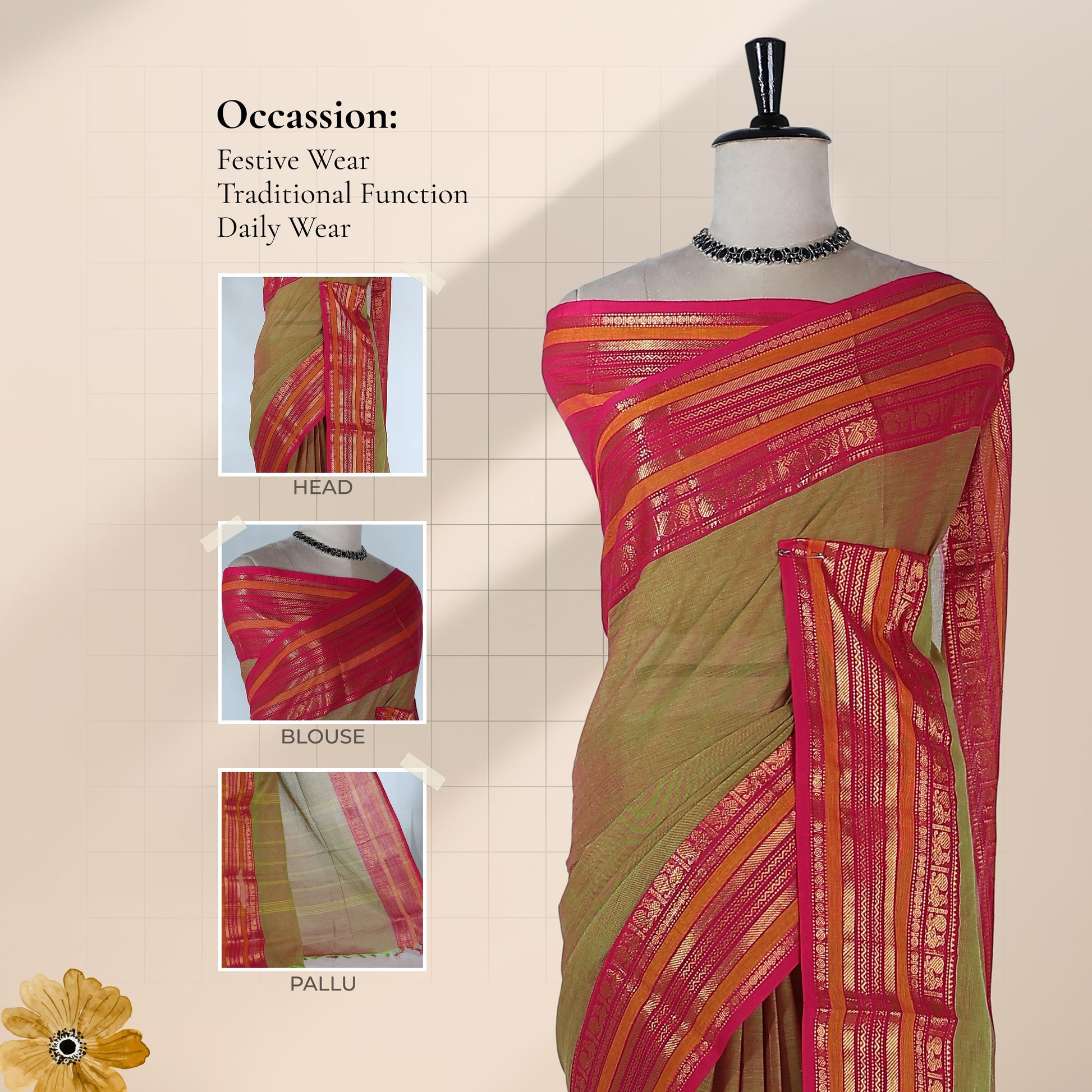 Kanchi Cotton Saree With Olive Green Body And Bright Pink Zari Border Front View Displayed On Mannequin
