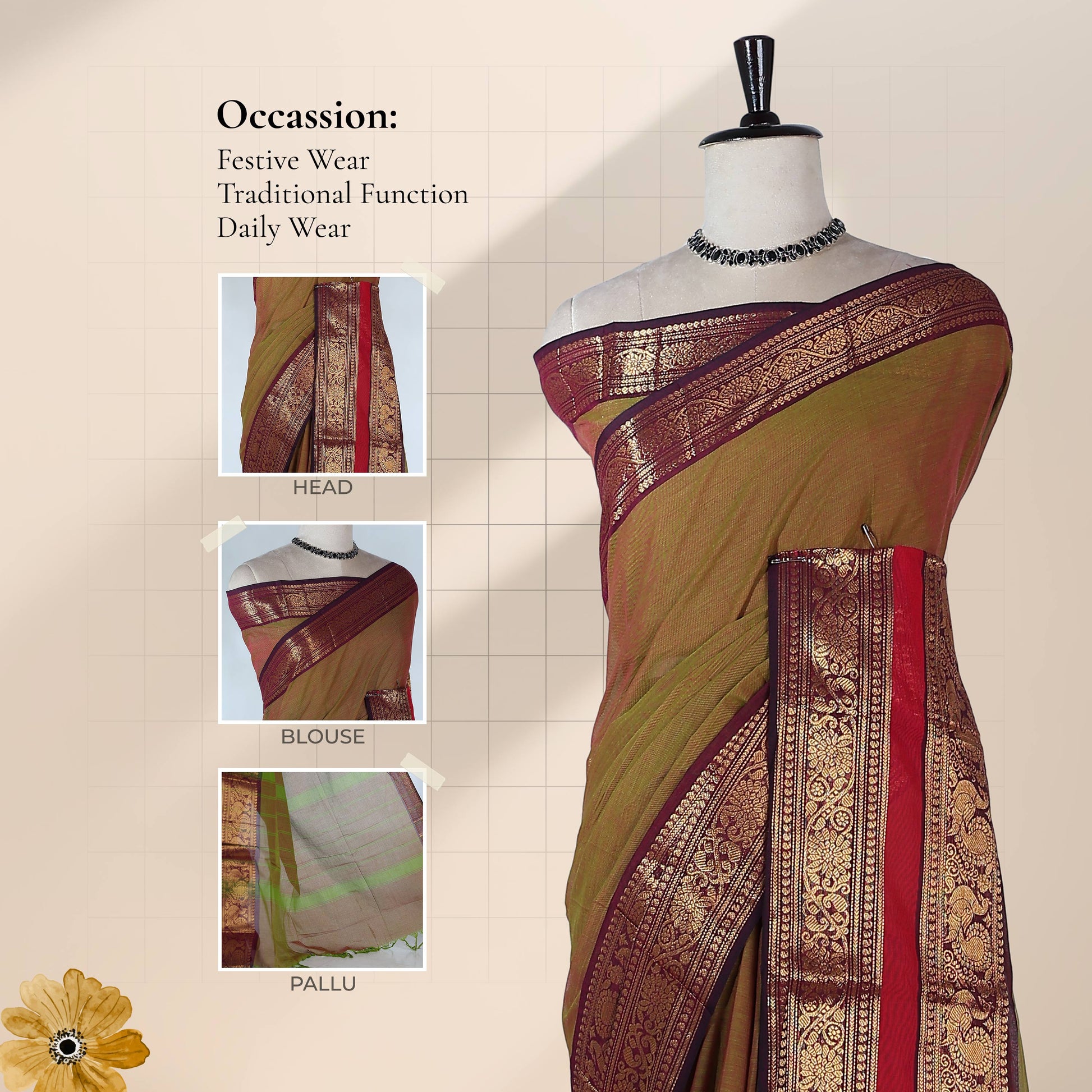 Kanchi Cotton Saree With Maroon Zari Border In Olive Green And Red Tones Front View On Mannequin
