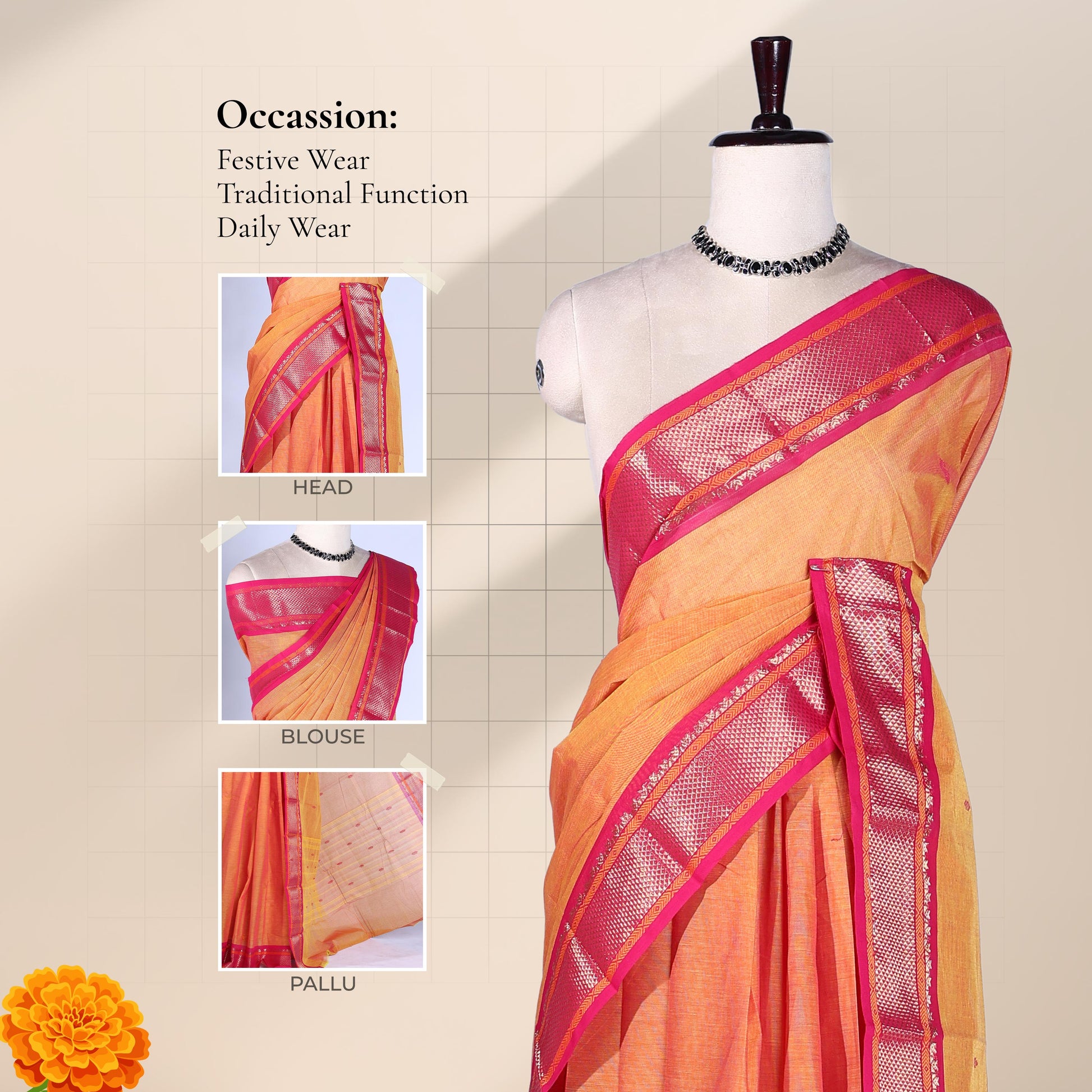 Traditional Kanchi Cotton Saree In Orange With Ornate Pink Zari Border Full Front Display View
