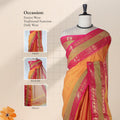 Kanchi Cotton Saree With Vibrant Orange Body And Pink Gold Zari Border Gracefully Draped On Mannequin Front View
