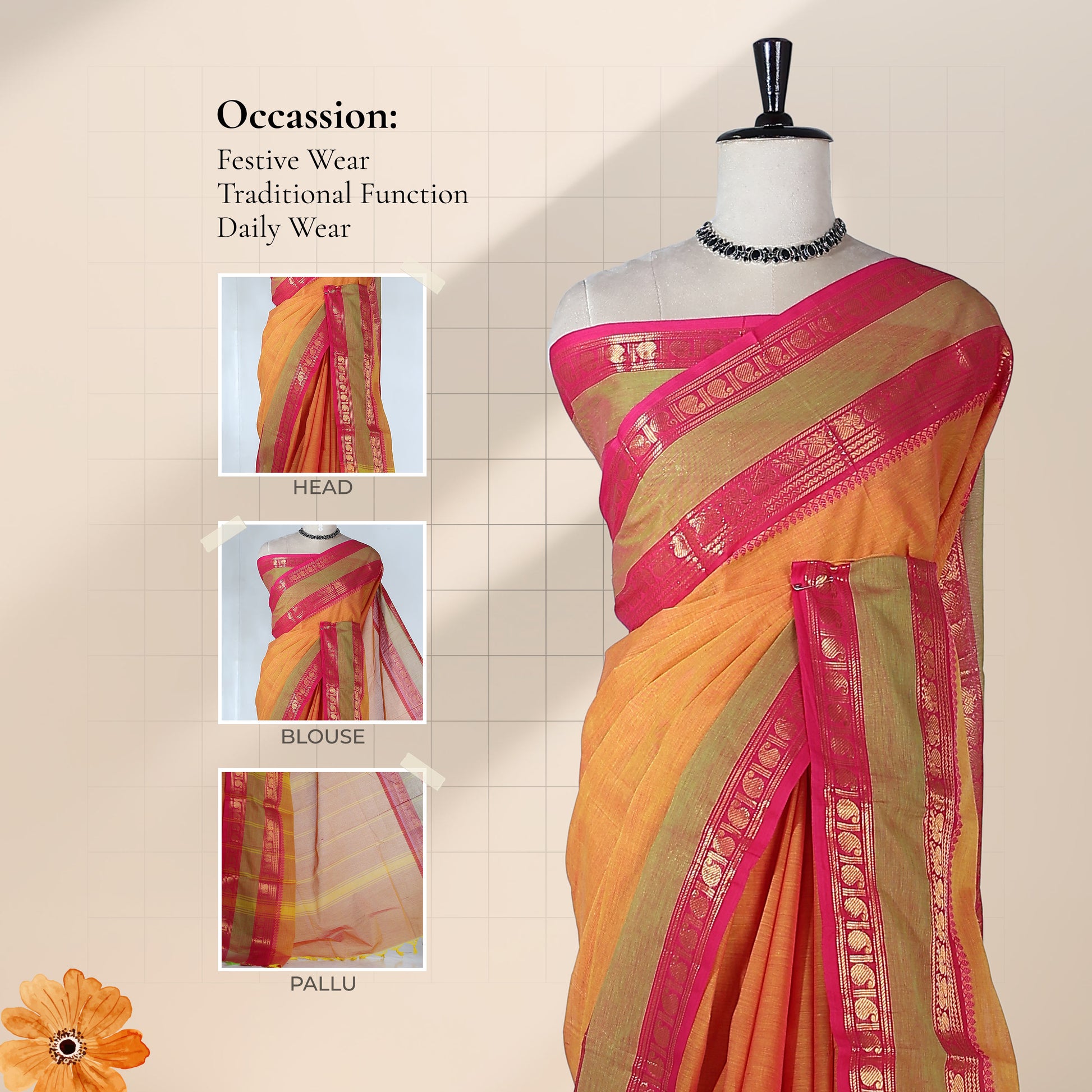 Kanchi Cotton Saree With Vibrant Orange Body And Pink Gold Zari Border Gracefully Draped On Mannequin Front View
