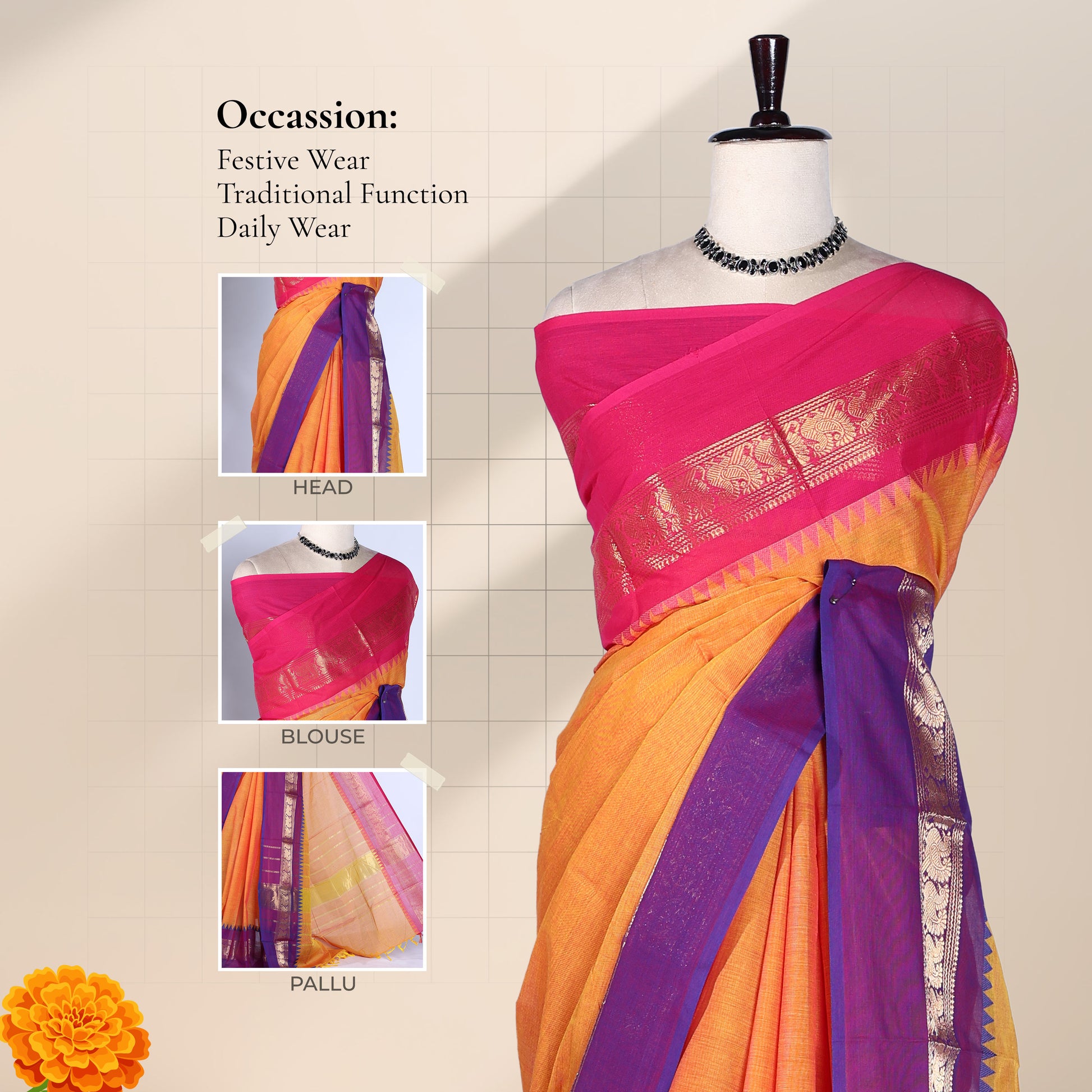 Kanchi Cotton Saree With Gold Zari Detailing In Orange Pink And Purple Front Drape View On Mannequin
