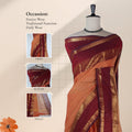 Kanchi Cotton Saree With Orange Body And Maroon Zari Border Traditional Woven Design Front View On Mannequin With Pallu
