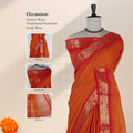 Kanchi Cotton Saree Featuring Gold Zari Border Orange And Red Color Combination Front View On Mannequin
