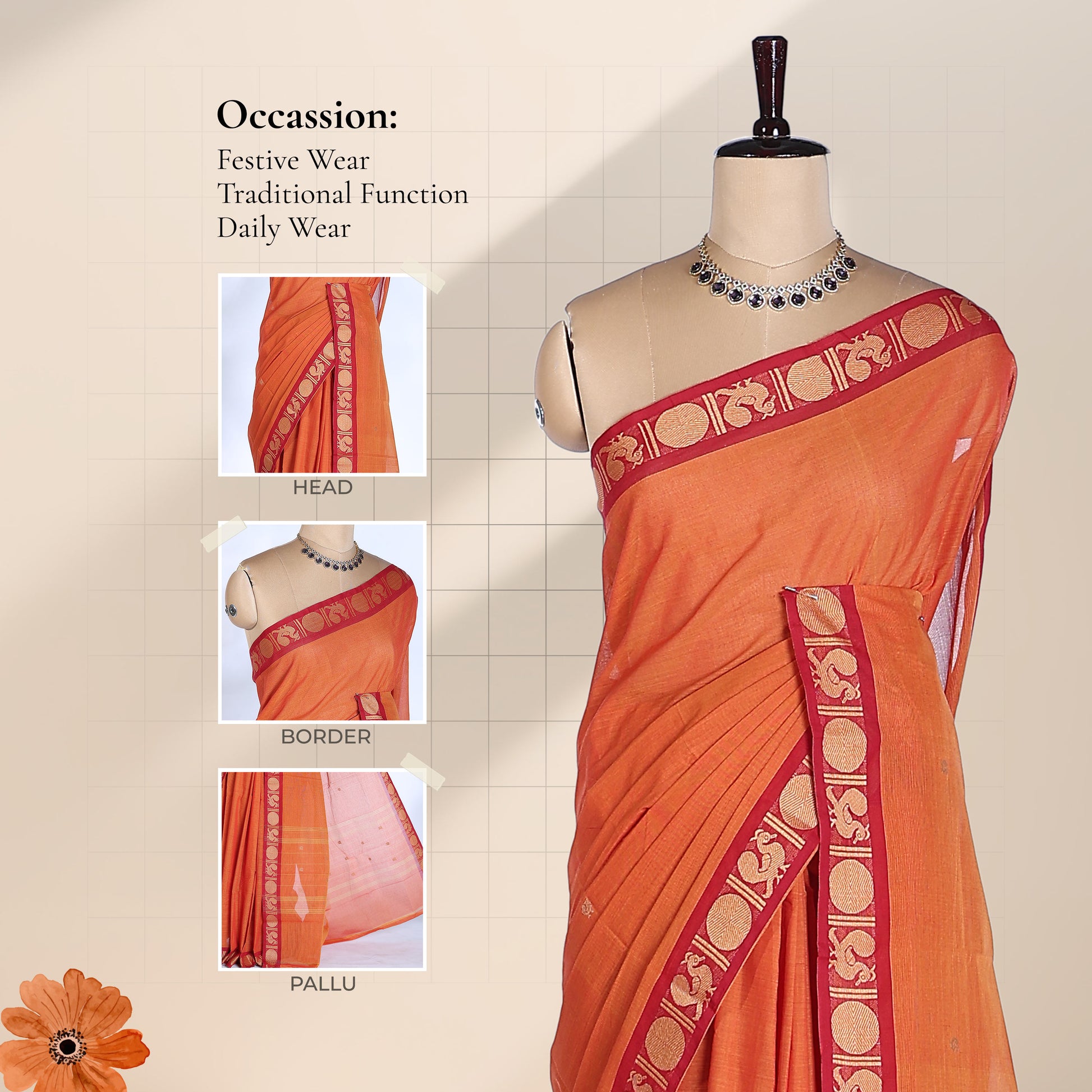 Kanchi Cotton Saree With Peacock Motif Border In Orange Color Full Front View Draped On Mannequin
