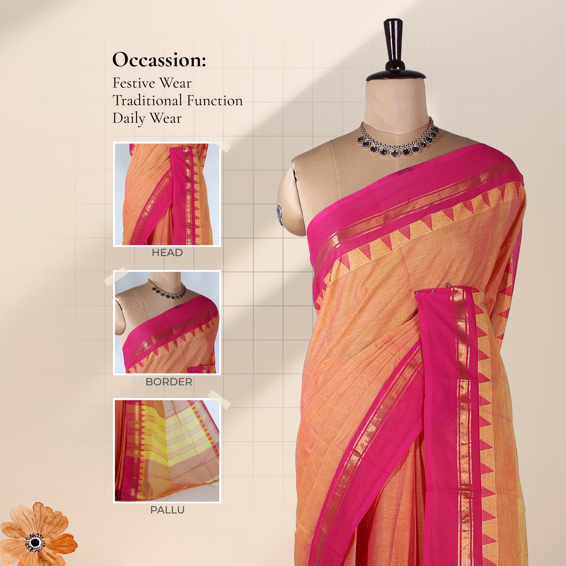 Kanchi Cotton Saree With Pink Border And Yellow Pallu In Orange Weave Front Draped Full Length View
