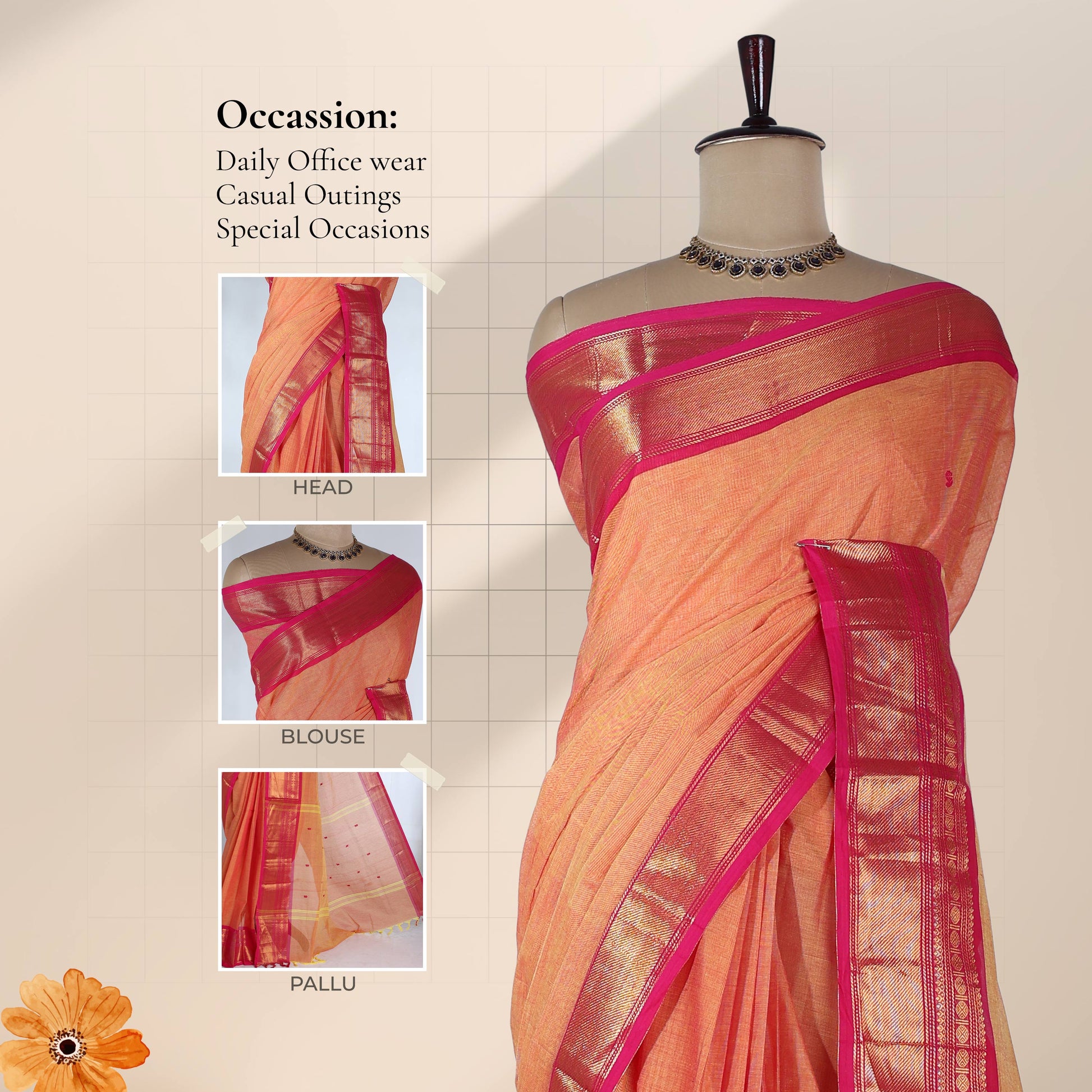 Chettinad cotton saree with zari border in orange and pink front draped view with close up detail